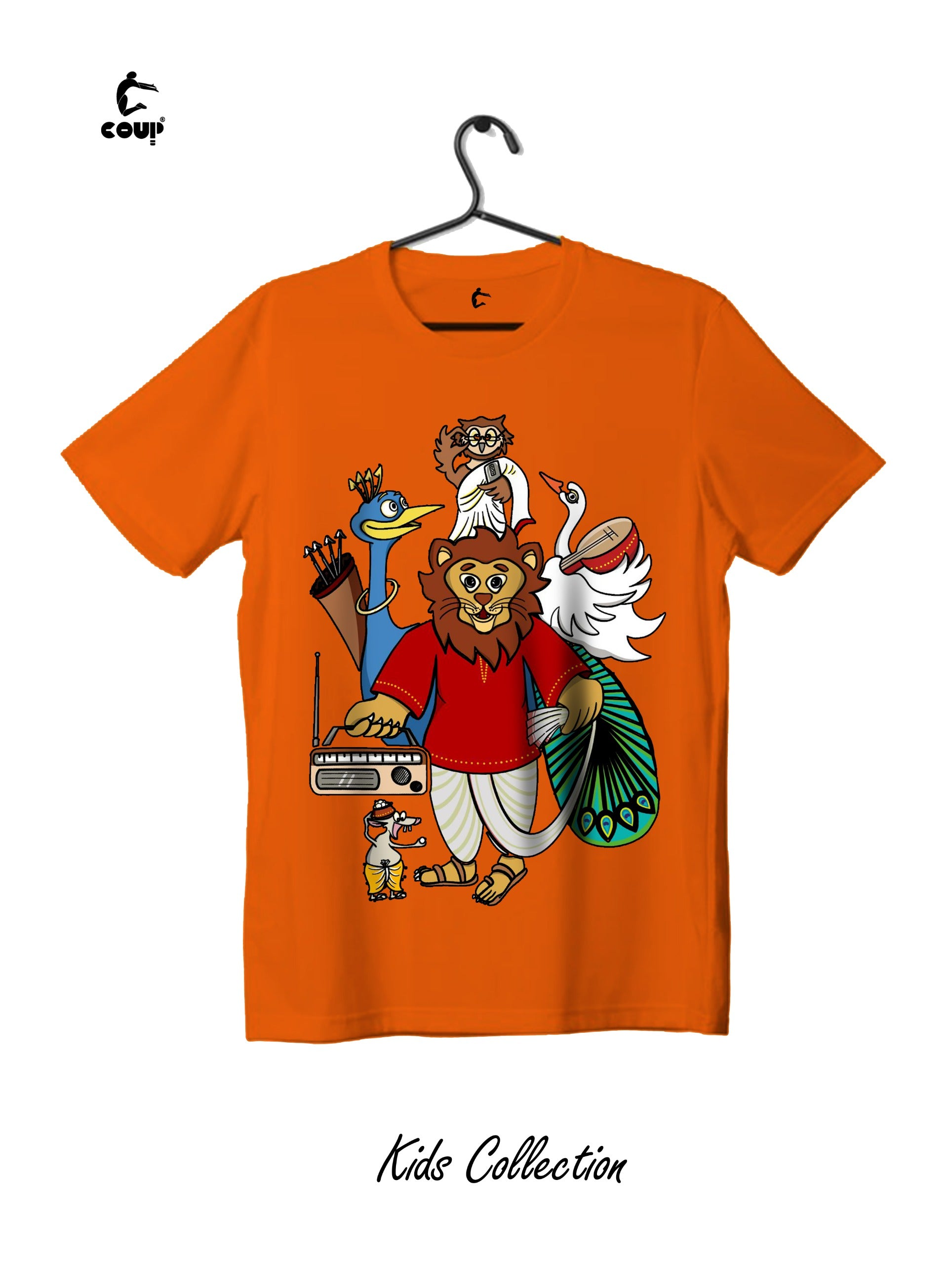 Orange t-shirt with cartoon characters on a hanger, labeled 'Kids Collection'.
