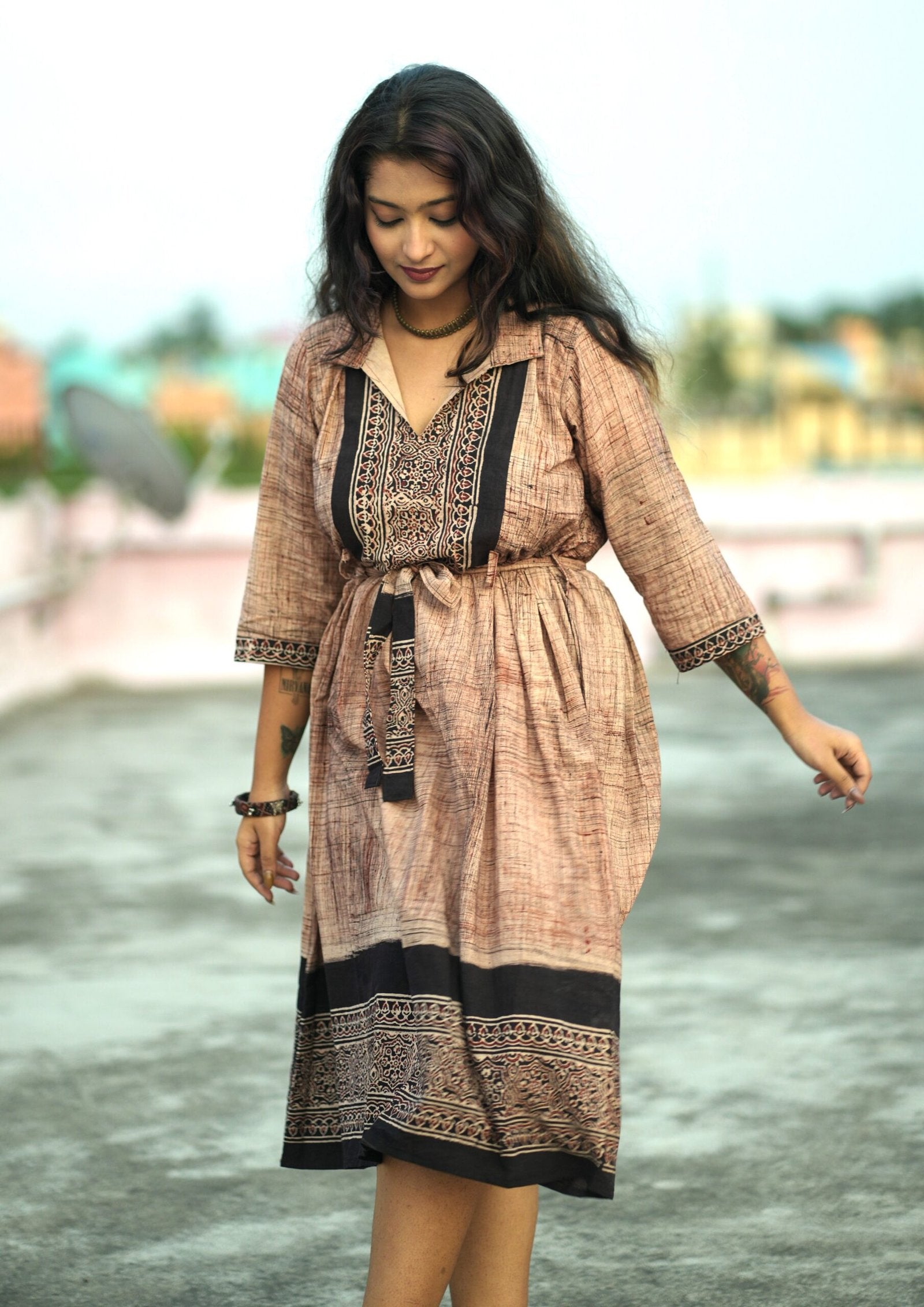 cotton ajrakh dress Handloom cotton ajrakh print smart one piece dress (B905) Attire By Ayaana
