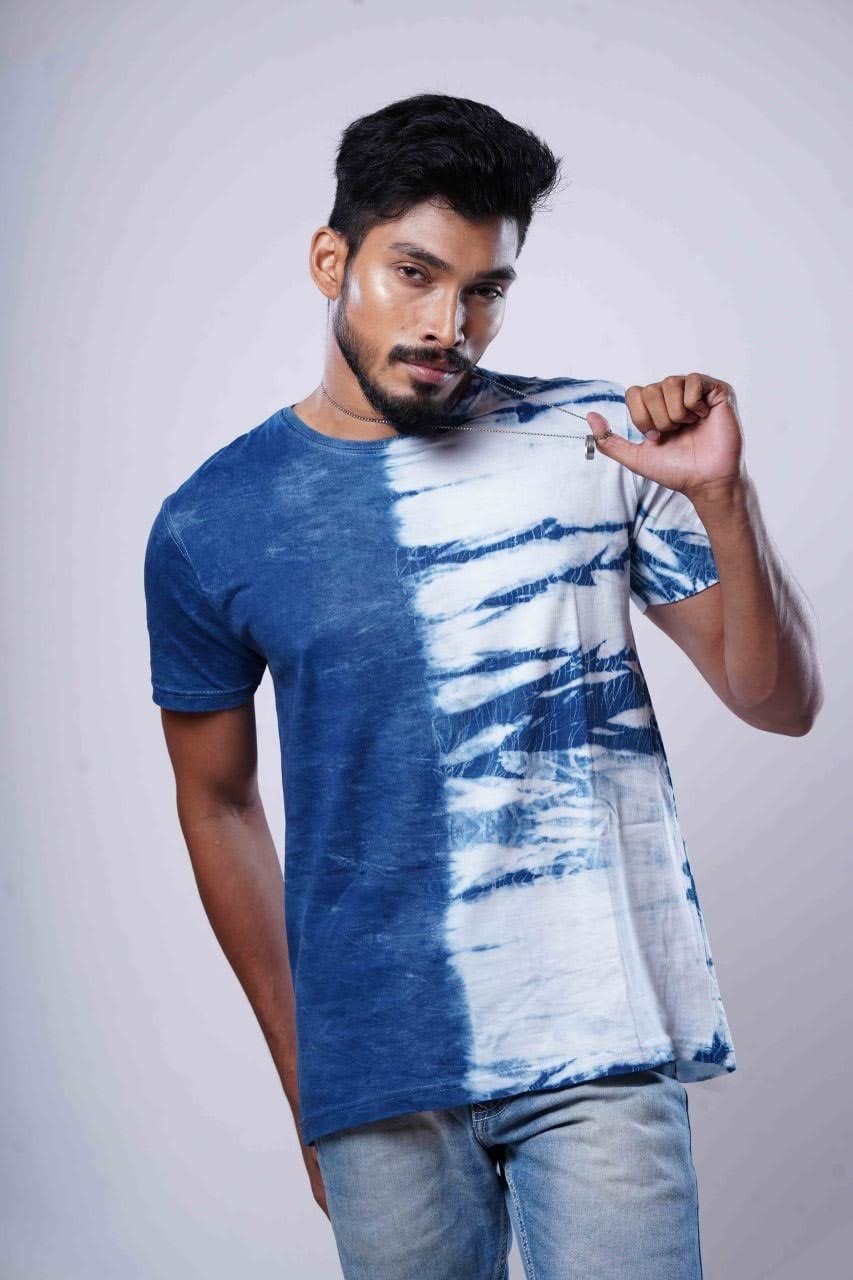 Natural Indigo Hand Dye tshirt Shibori half half pattern