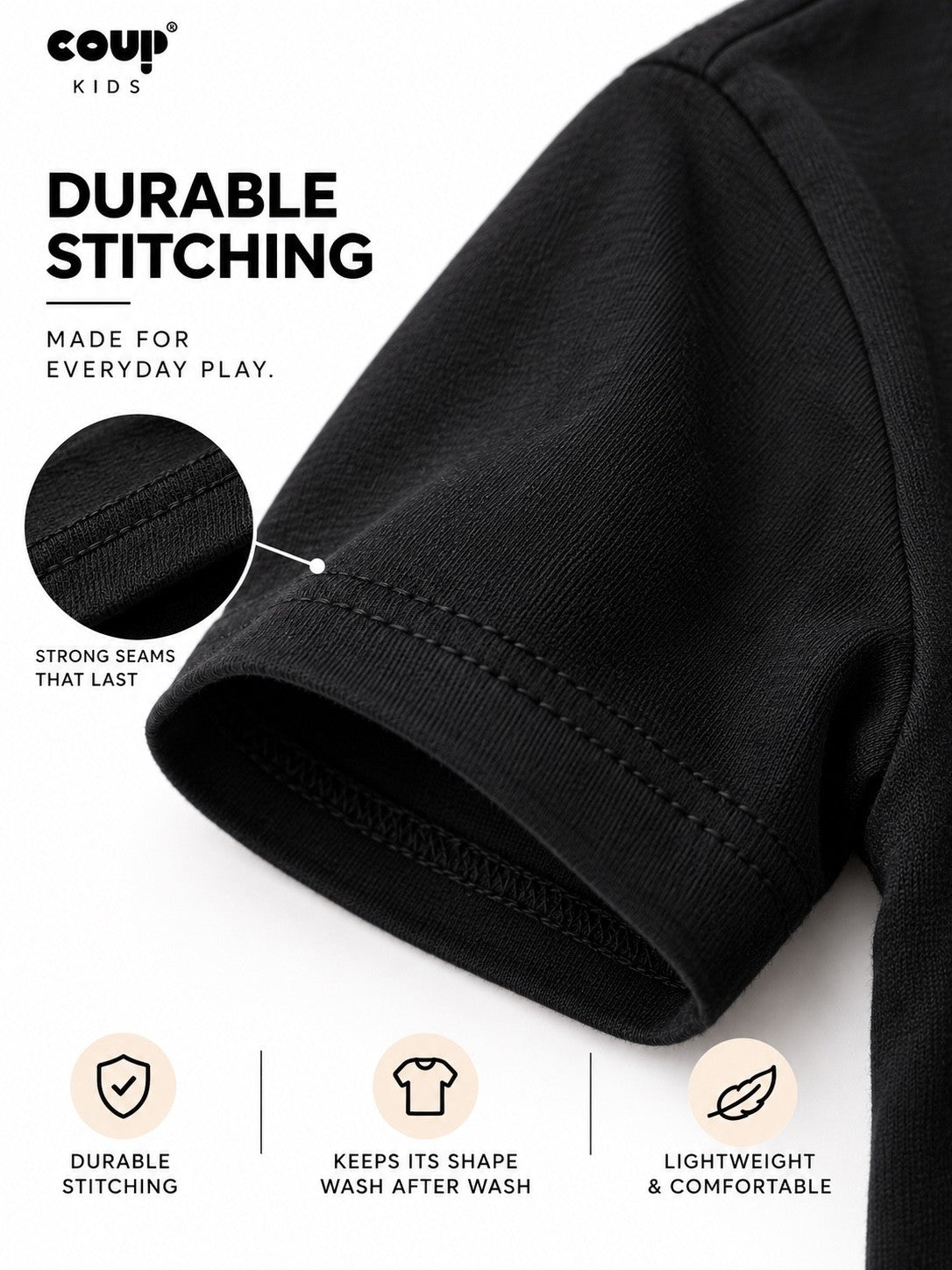 Durable stitching detail on black kids t-shirt sleeve