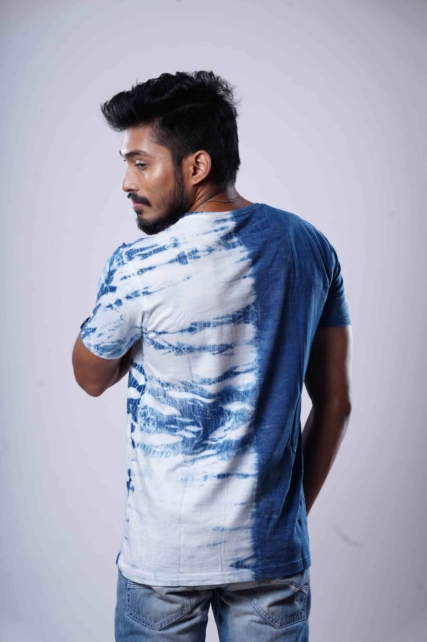 Natural Indigo Hand Dye tshirt Shibori half half pattern