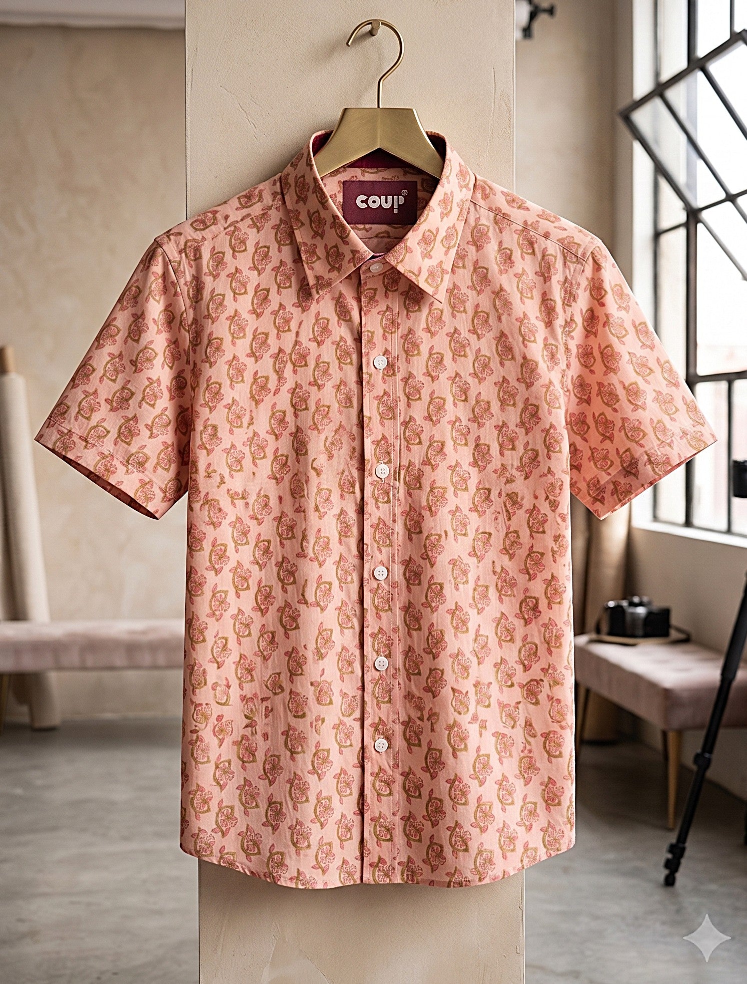 Handcrafted Jaipuri & Block Print Half Sleeve Casual Shirt | Pink flower pattern