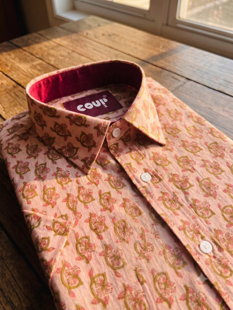Handcrafted Jaipuri & Block Print Half Sleeve Casual Shirt | Pink flower pattern