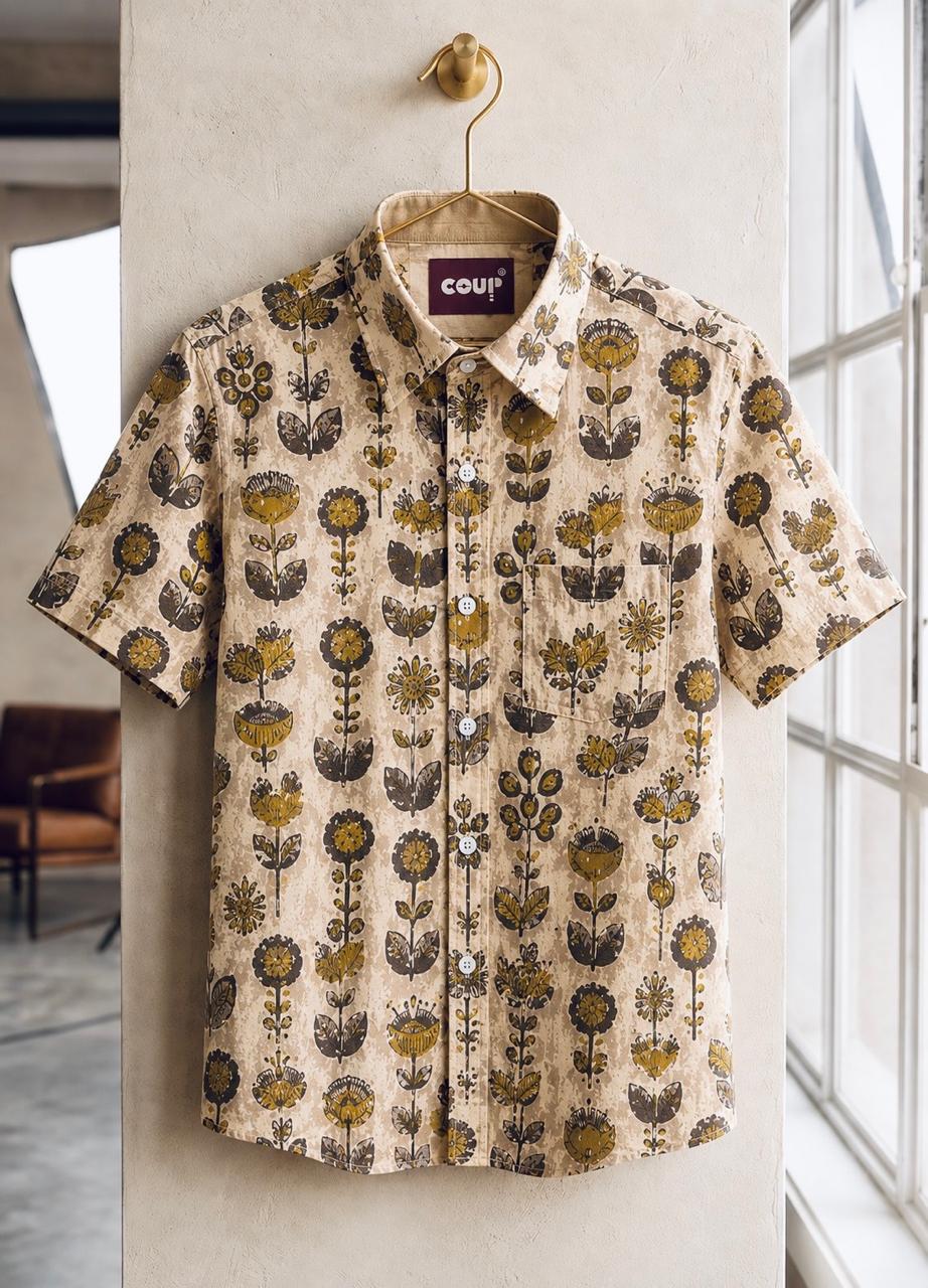 Handcrafted Jaipuri & Block Print Half Sleeve Casual Shirt | Leaf and flower