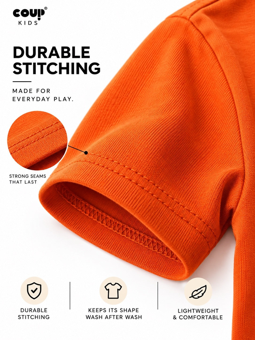 Durable stitching detail on orange kids t-shirt sleeve