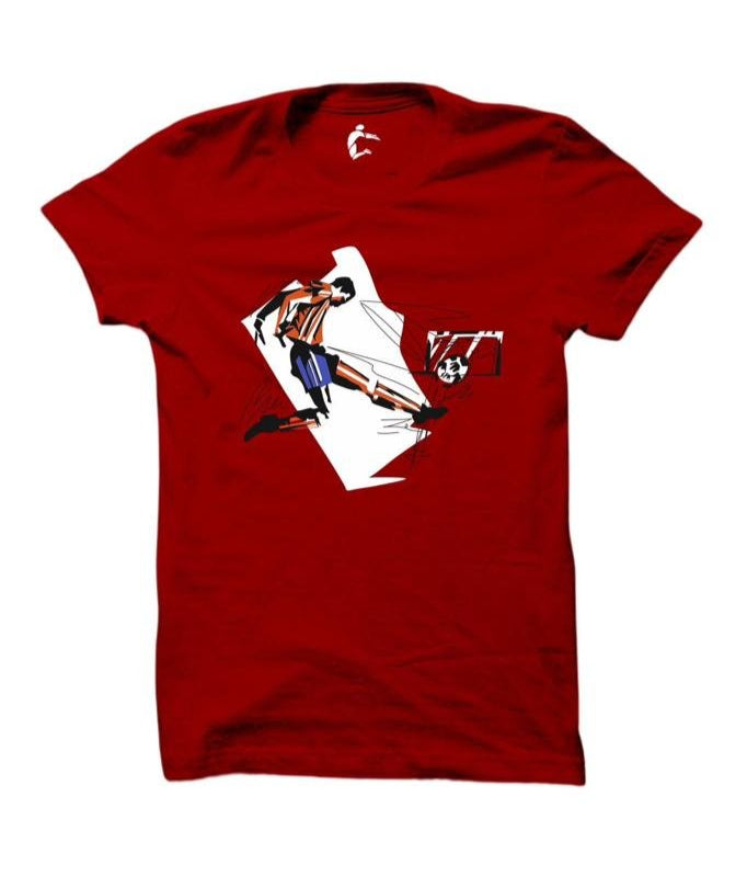 Red t-shirt with graphic design of a person and a basketball hoop on a white background