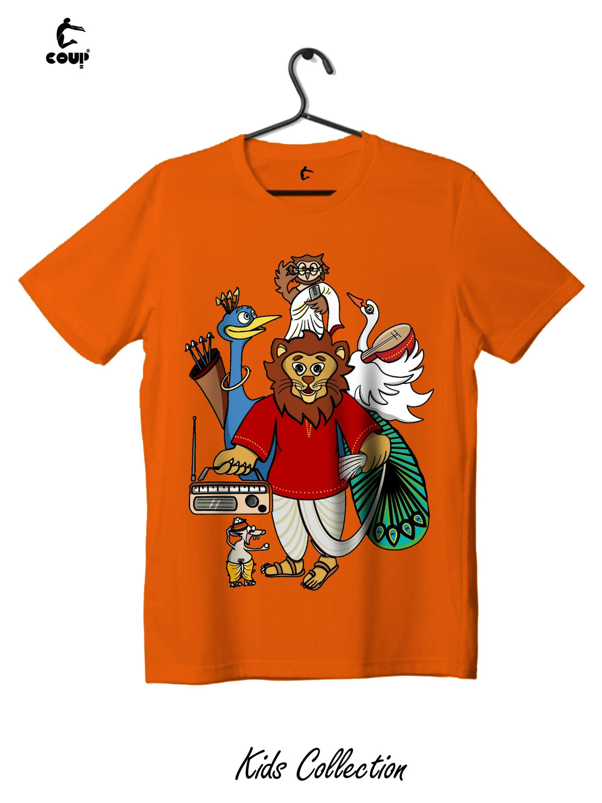 Orange t-shirt with cartoon characters on a hanger, labeled 'Kids Collection'.