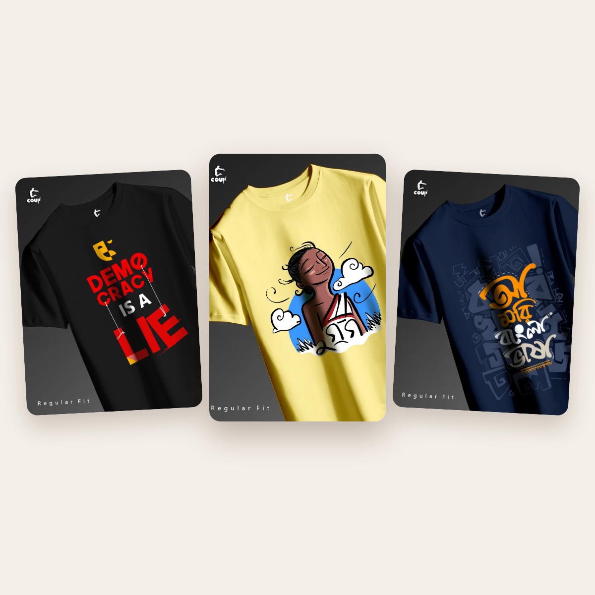 Bangla Pride bundle of 3 Bengali t-shirts: Democracy Is a Lie (black), Dugga (lemon yellow) and A Mori Bangla Bhasa (navy)