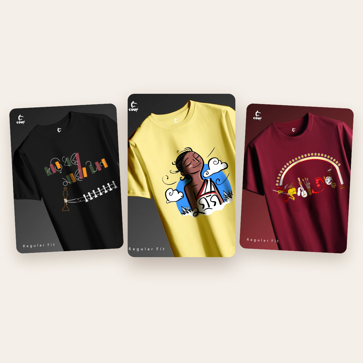 Pujo Vibes bundle of 3 Bengali t-shirts: Dori Dhore Maro Tan (black), Dugga (lemon yellow) and Sanatani (maroon)