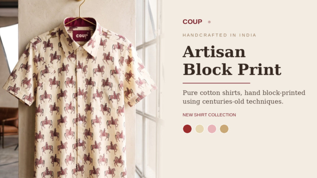 A short-sleeve button-up shirt with a repeating horse block-print pattern hangs on a hanger against a window. The right side of the image features a beige promotional panel with text reading 'COUP Artisan Block Print' and color swatches.