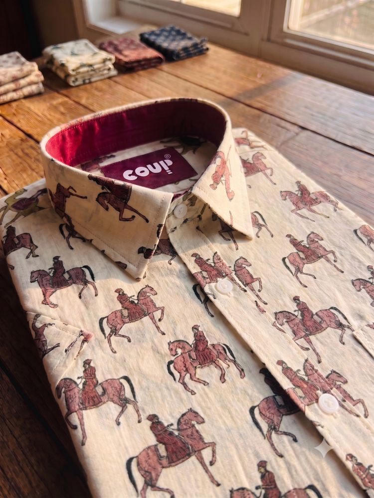Handcrafted Jaipuri & Block Print Half Sleeve Casual Shirt | Horse Print