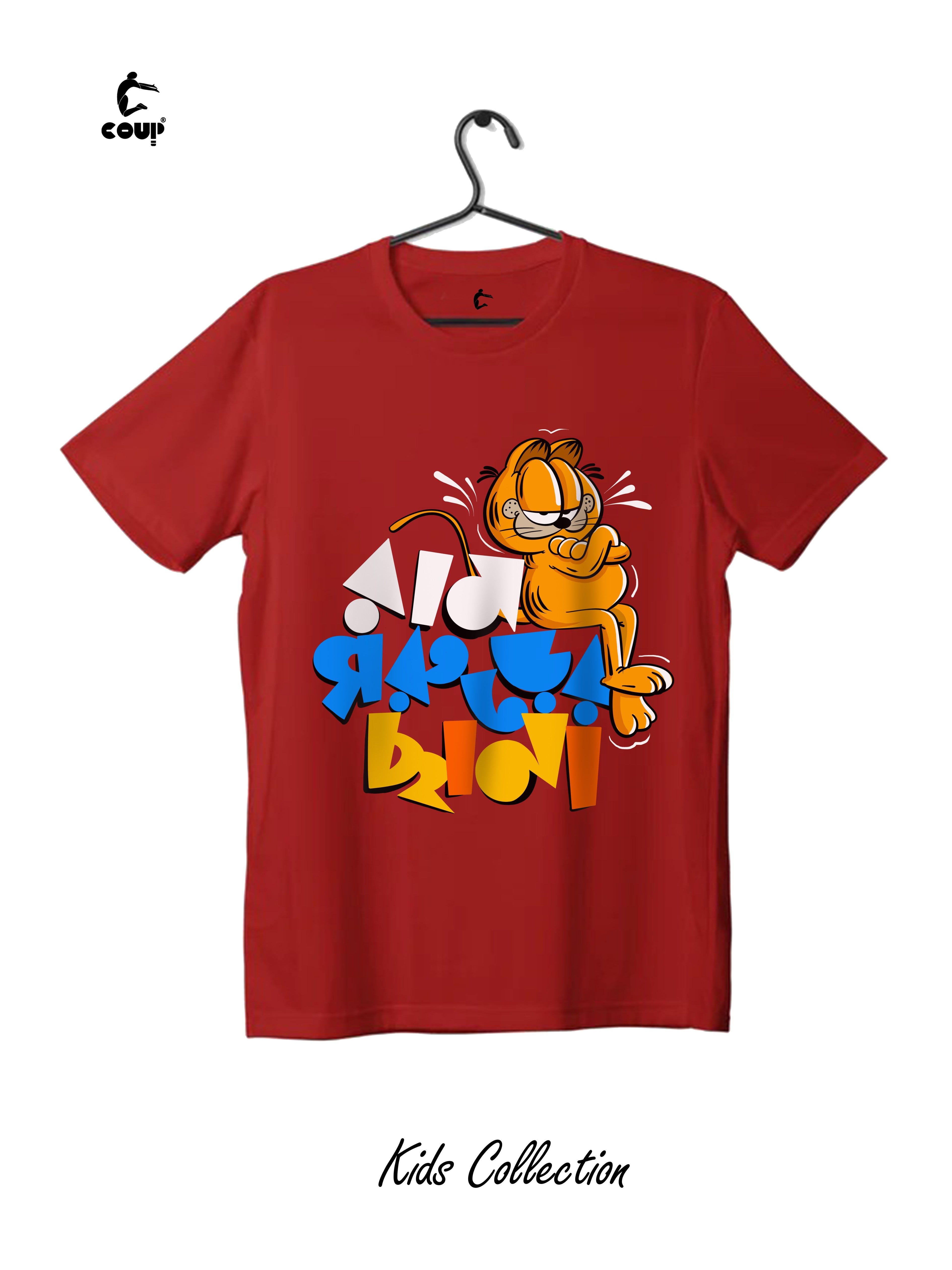 Red t-shirt with cartoon character and text on a hanger