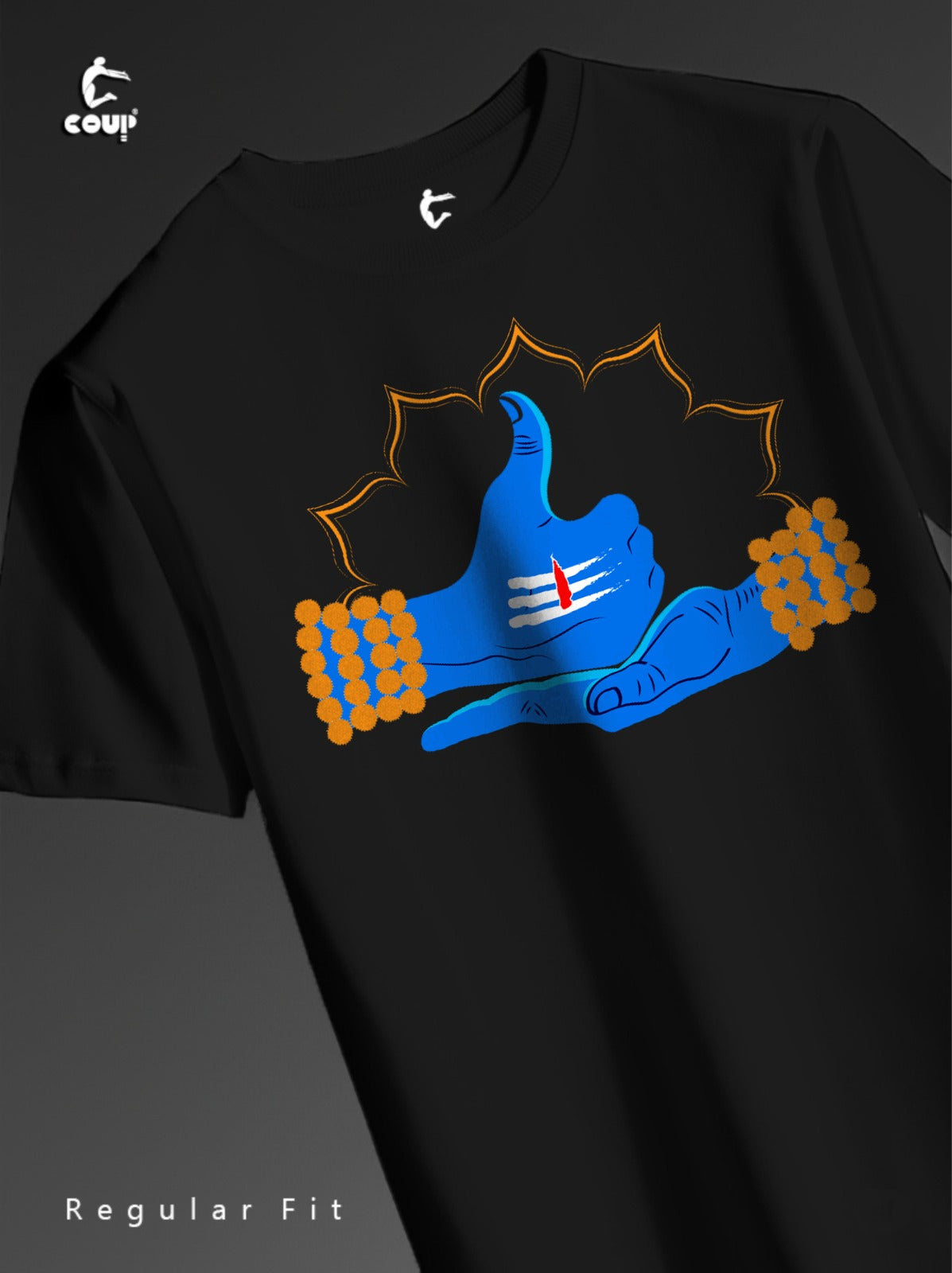 Black t-shirt with blue glove graphic and 'Coup' branding on a dark background sankrit tshirt