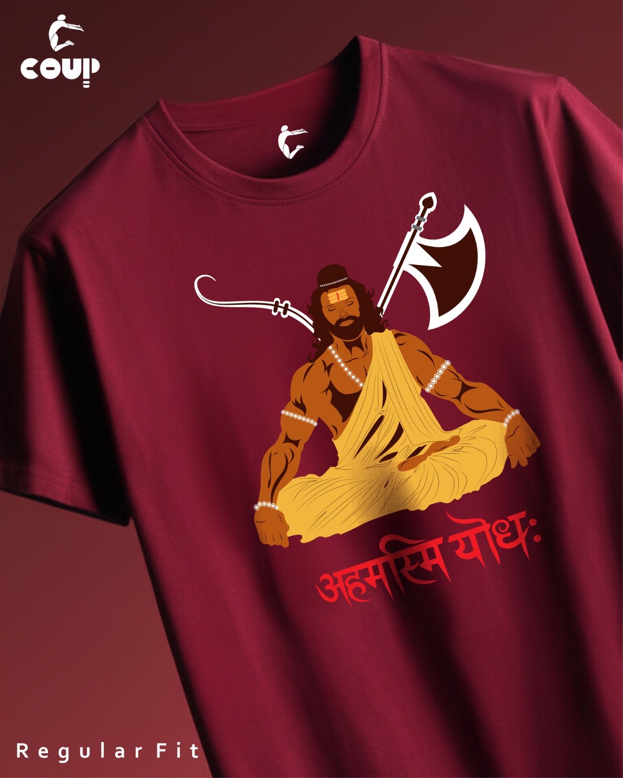 Maroon t-shirt with warrior graphic and text on a brown background yoddha sanskrit tshirt